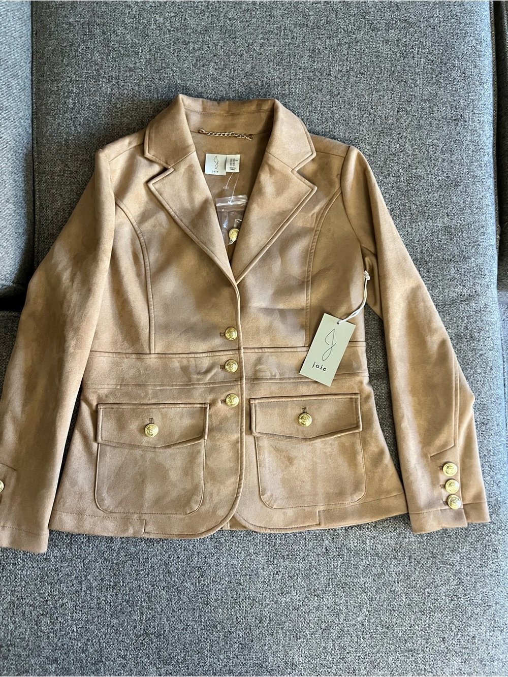 Joie Tan Suede-Style Tailored Blazer with Gold Buttons
